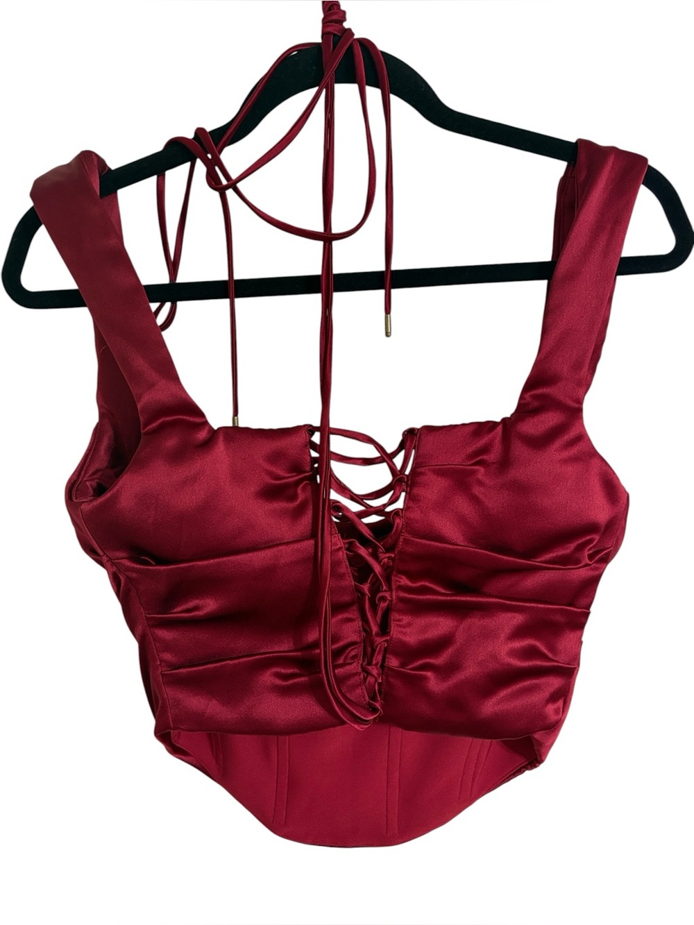 House of CB Una Corset Top Lace-up Dark Red Satin, Size L - Picture 3 of 9